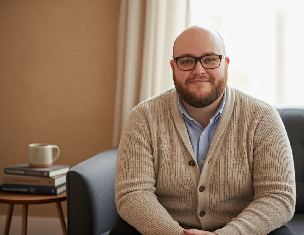 Bradley Clark wearing a beige cardigan sitting on a grey sofa in a therapy space with a coffee table with books and a mug. Bradley is smiling and look towards the camera.